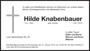 Traueranzeige von Hilde Knabenbauer von Pegnitz-Zeitung